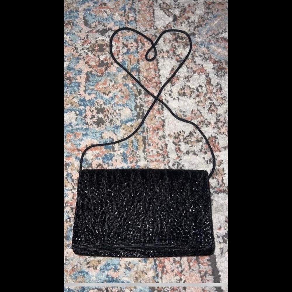 Black beaded clutch purse with shoulder strap